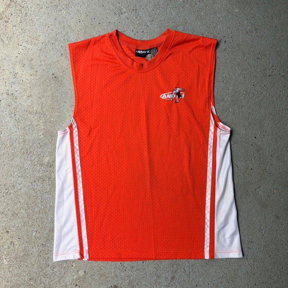 AND1 Mens Basketball Mesh Tank Top Orange White Sleeveless Jersey Large Y2K